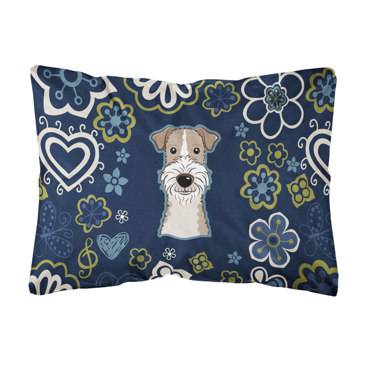 Blue Flowers Wire Haired Fox Terrier Canvas Fabric Decorative Pillow