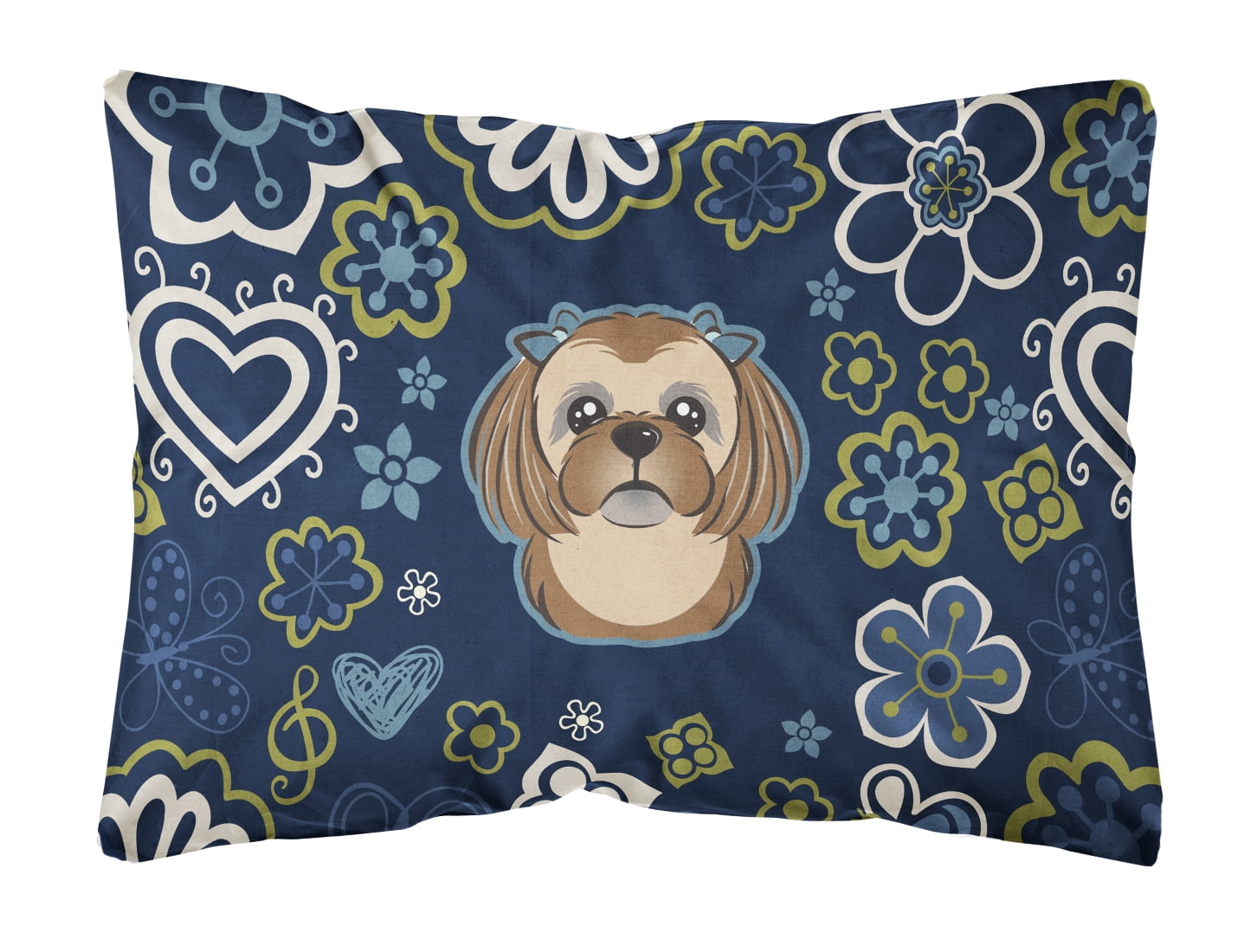 Blue Flowers Chocolate Brown Shih Tzu Canvas Fabric Decorative Pillow
