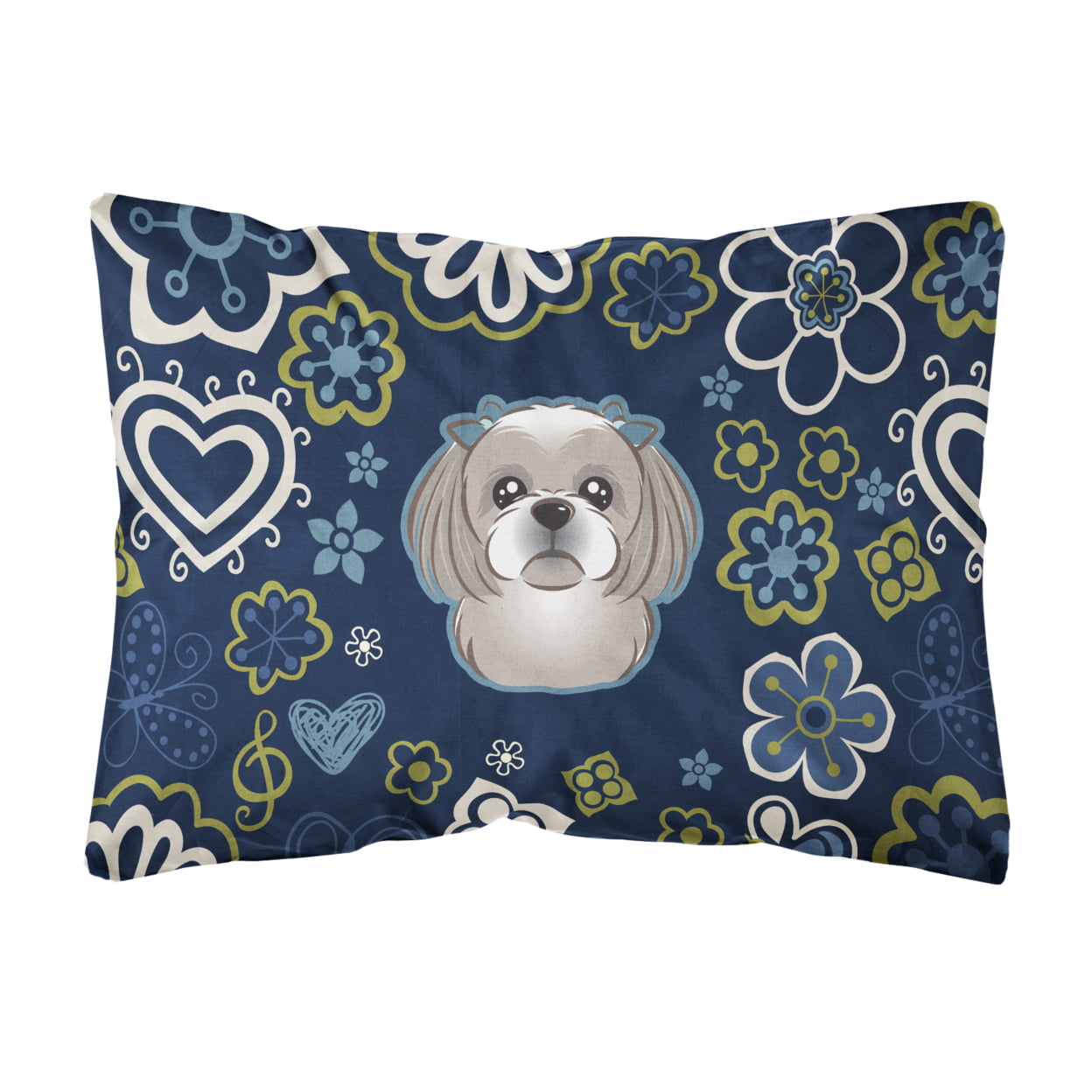 Blue Flowers Gray Silver Shih Tzu Canvas Fabric Decorative Pillow