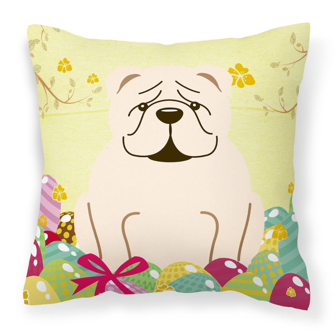 Easter Eggs English Bulldog White Fabric Decorative Pillow