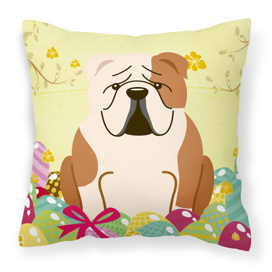 Easter Eggs English Bulldog Fawn White Fabric Decorative Pillow