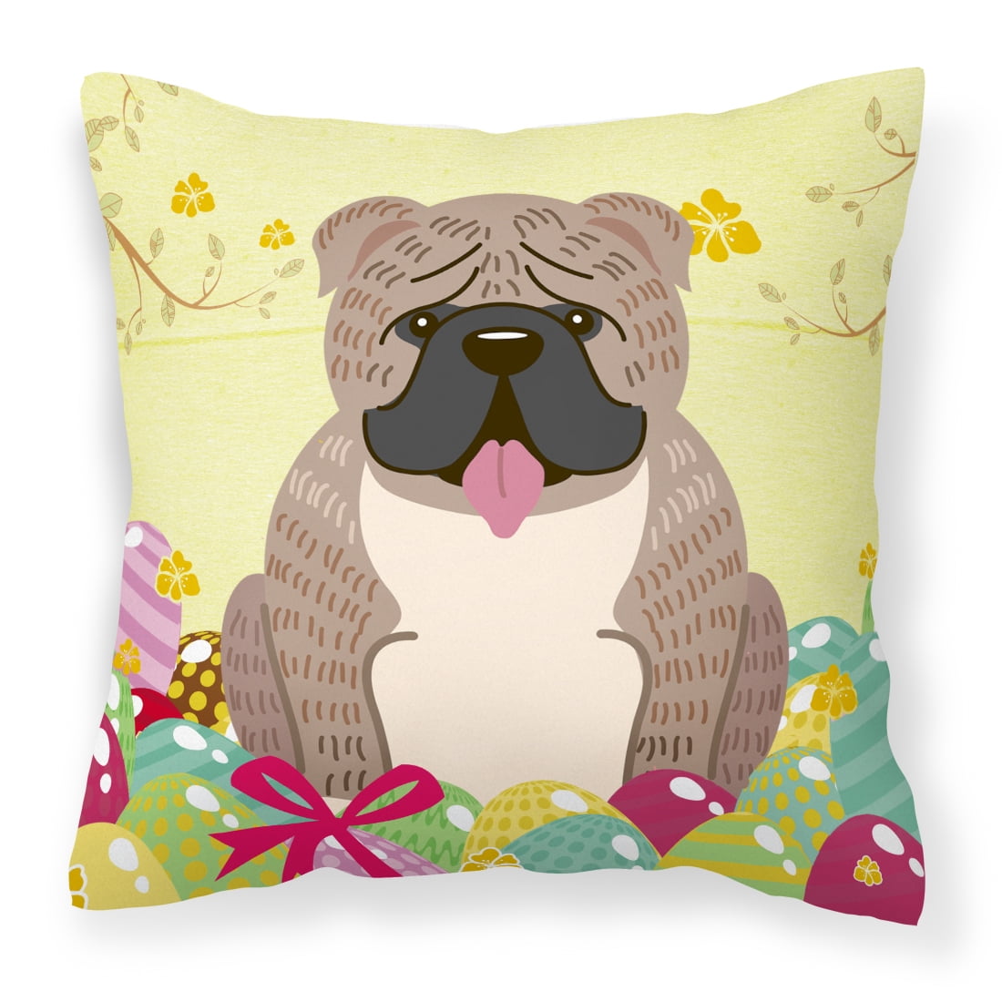 Easter Eggs English Bulldog Grey Brindle Fabric Decorative Pillow