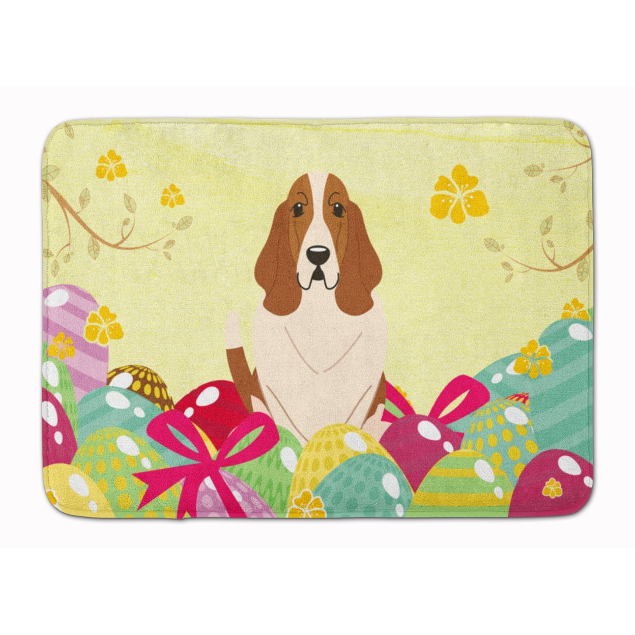 BB6021RUG Easter Eggs Basset Hound Machine Washable Memory Foam Mat