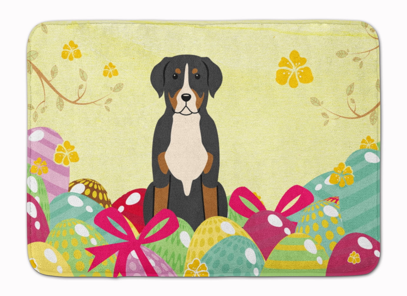 BB6037RUG Easter Eggs Greater Swiss Mountain Dog Machine Washable Memory Foam Mat