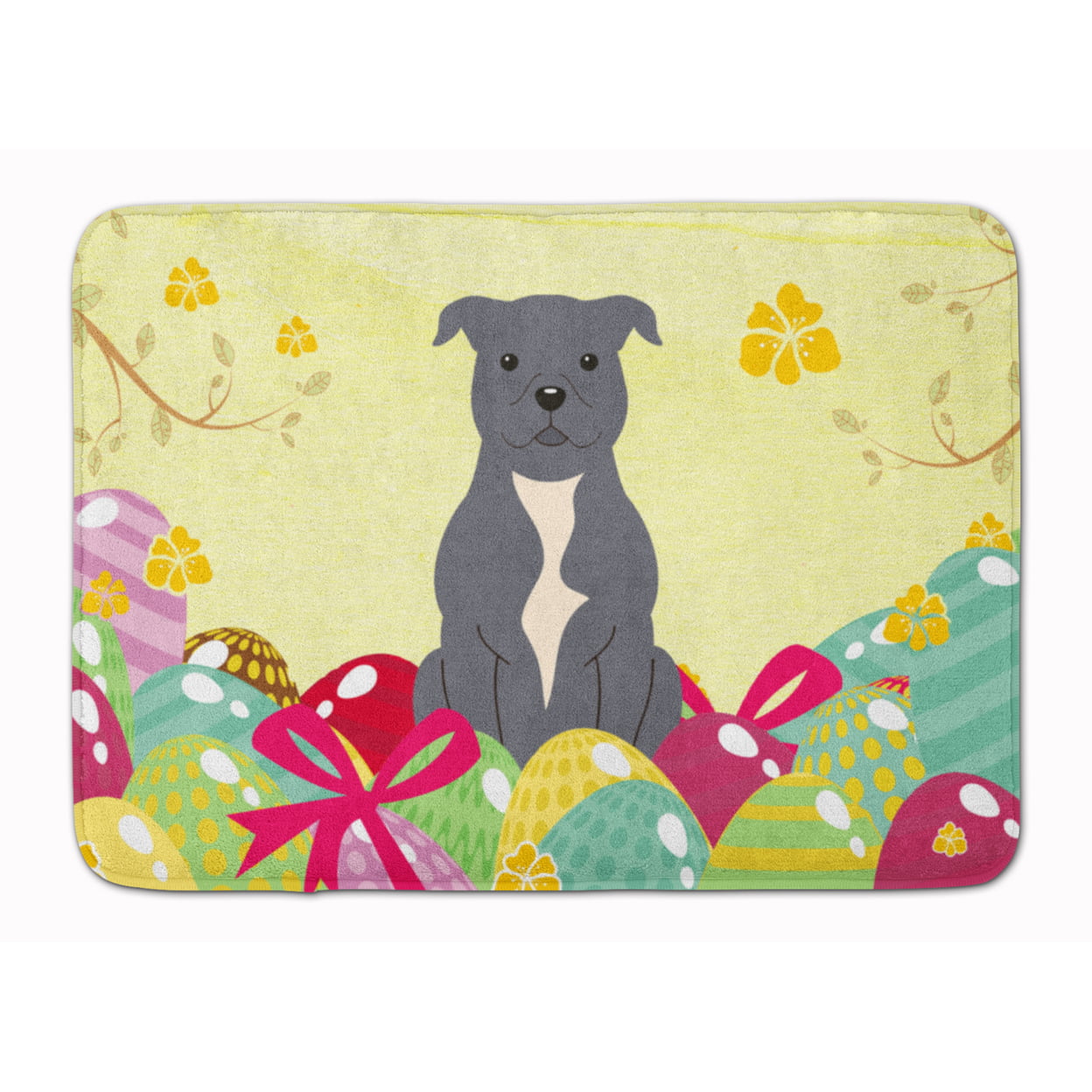 BB6046RUG Easter Eggs Staffordshire Bull Terrier Blue Machine Washable Memory Foam Mat