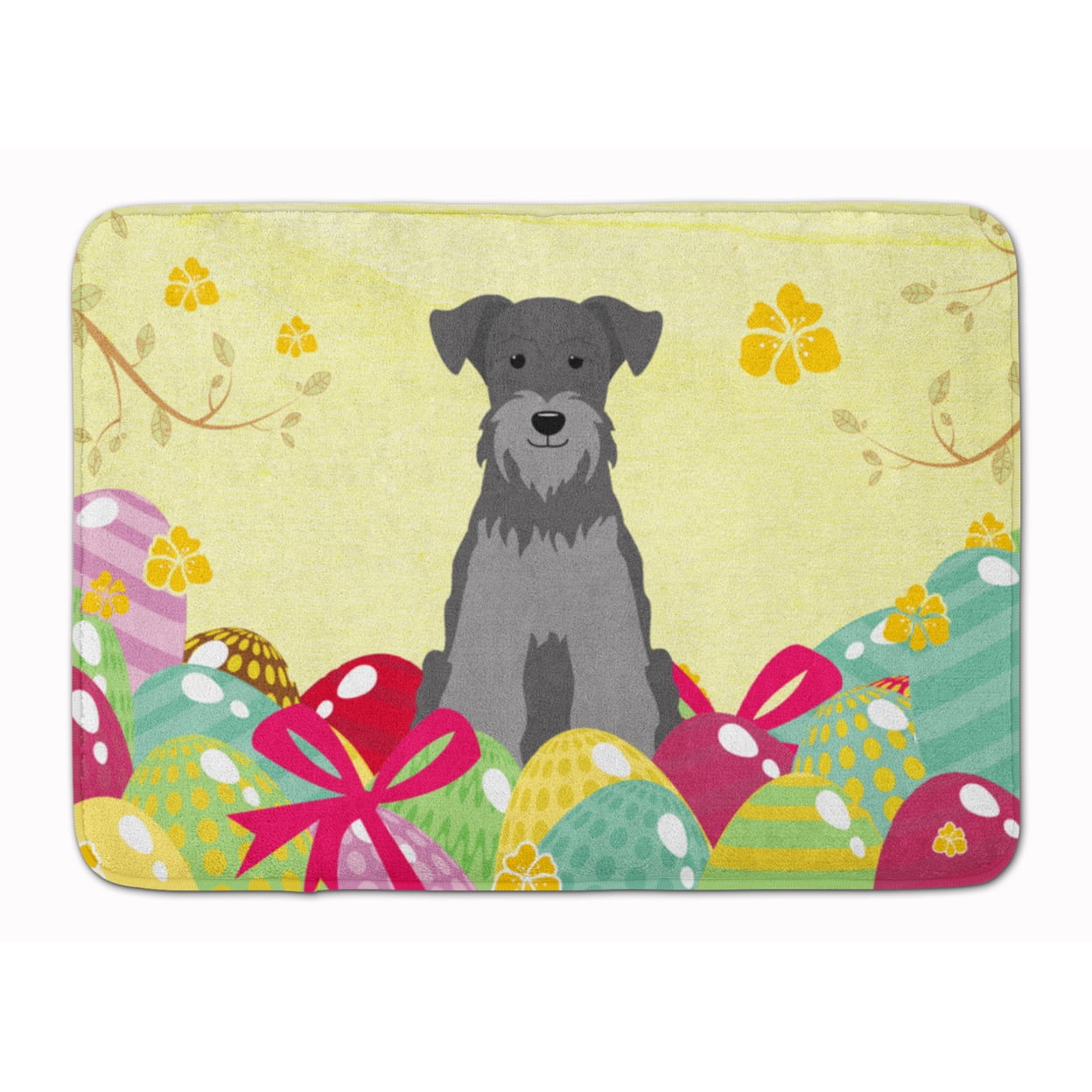 BB6052RUG Easter Eggs Miniature Schanuzer Black Silver Machine Washable Memory Foam Mat