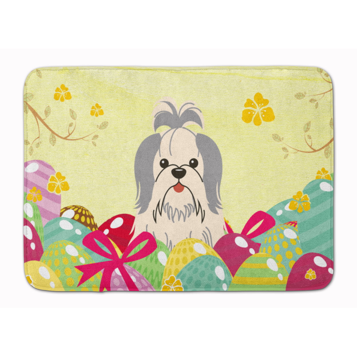 BB6085RUG Easter Eggs Shih Tzu Silver & White Machine Washable Memory Foam Mat