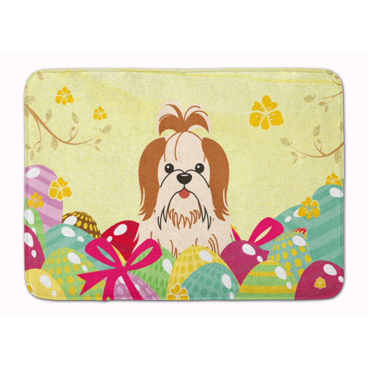 BB6087RUG Easter Eggs Shih Tzu Red White Machine Washable Memory Foam Mat