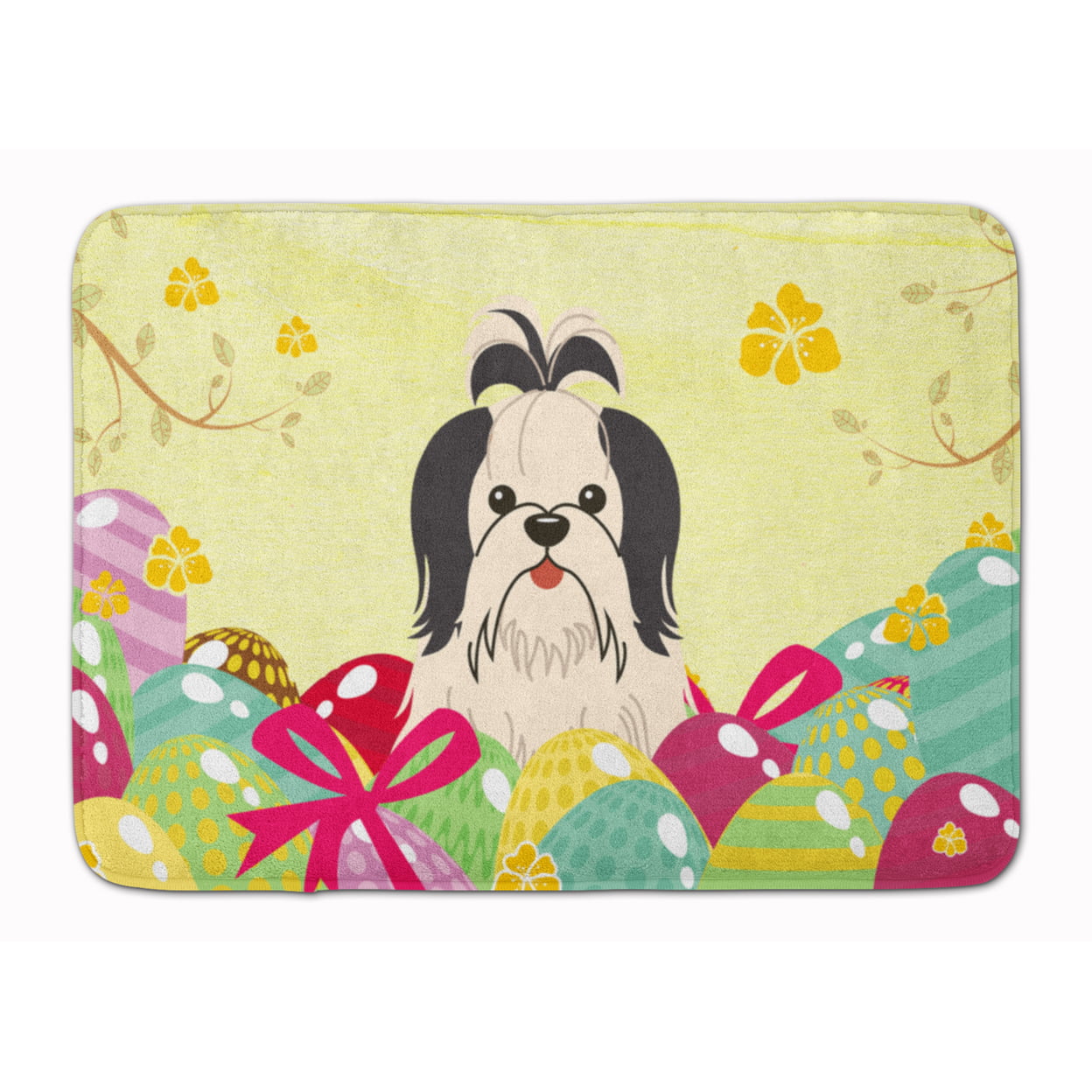 BB6088RUG Easter Eggs Shih Tzu Black & White Machine Washable Memory Foam Mat