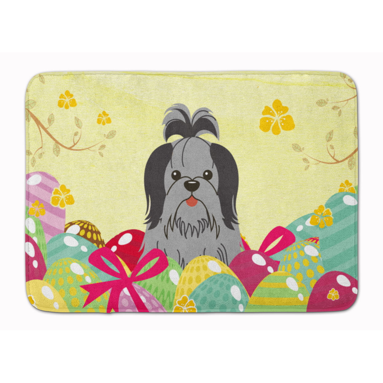 BB6089RUG Easter Eggs Shih Tzu Black Silver Machine Washable Memory Foam Mat