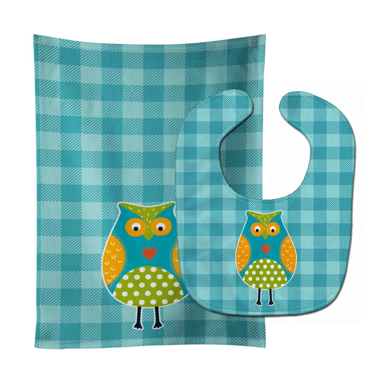 Owl on Blue Plaid Baby Bib & Burp Cloth