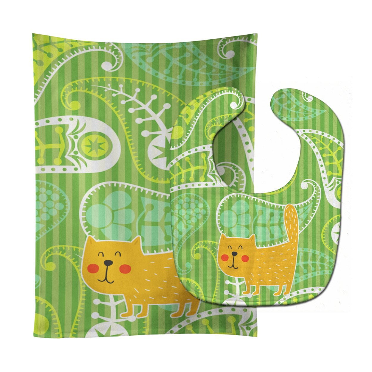 Cat on Paisley Baby Bib & Burp Cloth