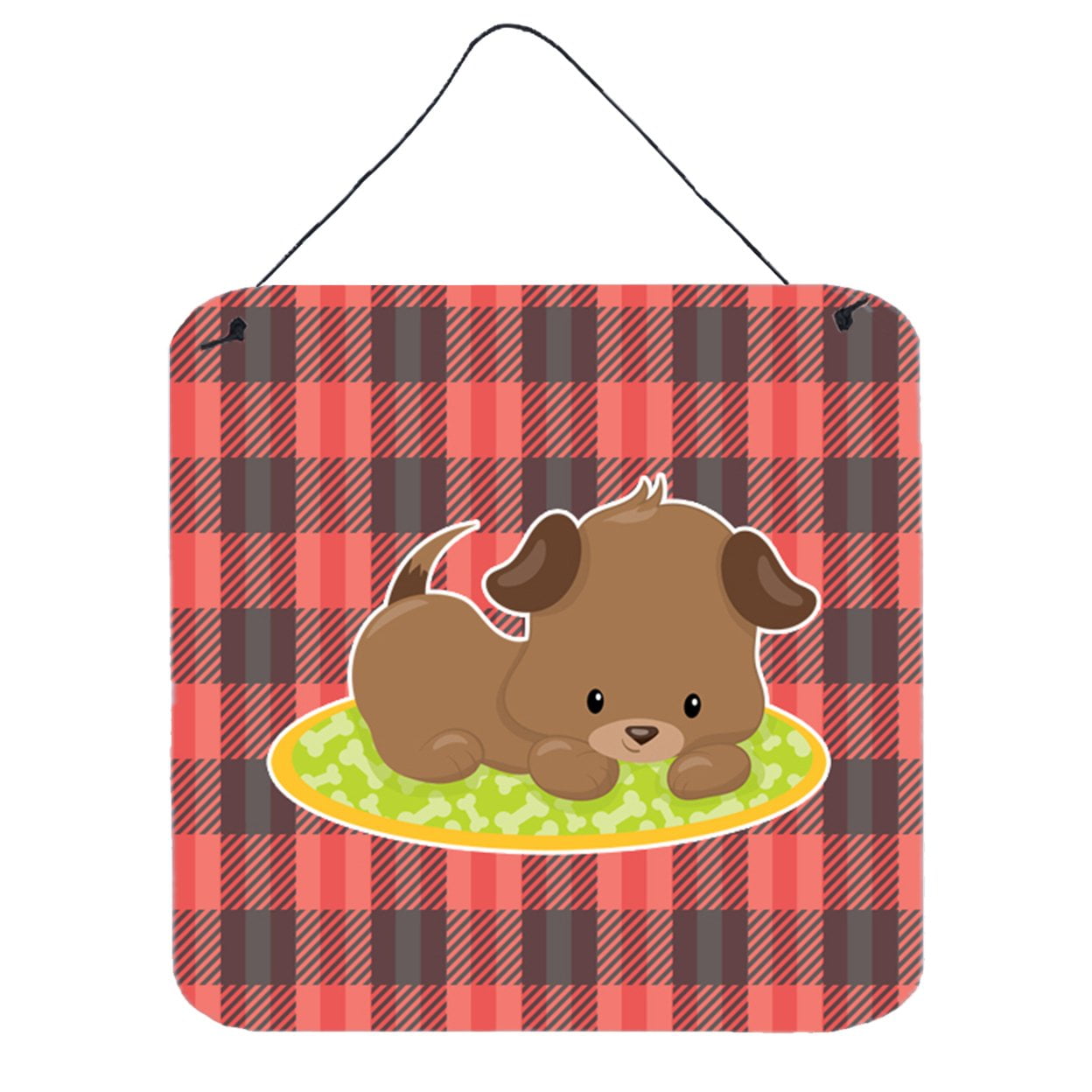 Puppy on Black Red Gingham Wall or Door Hanging Prints