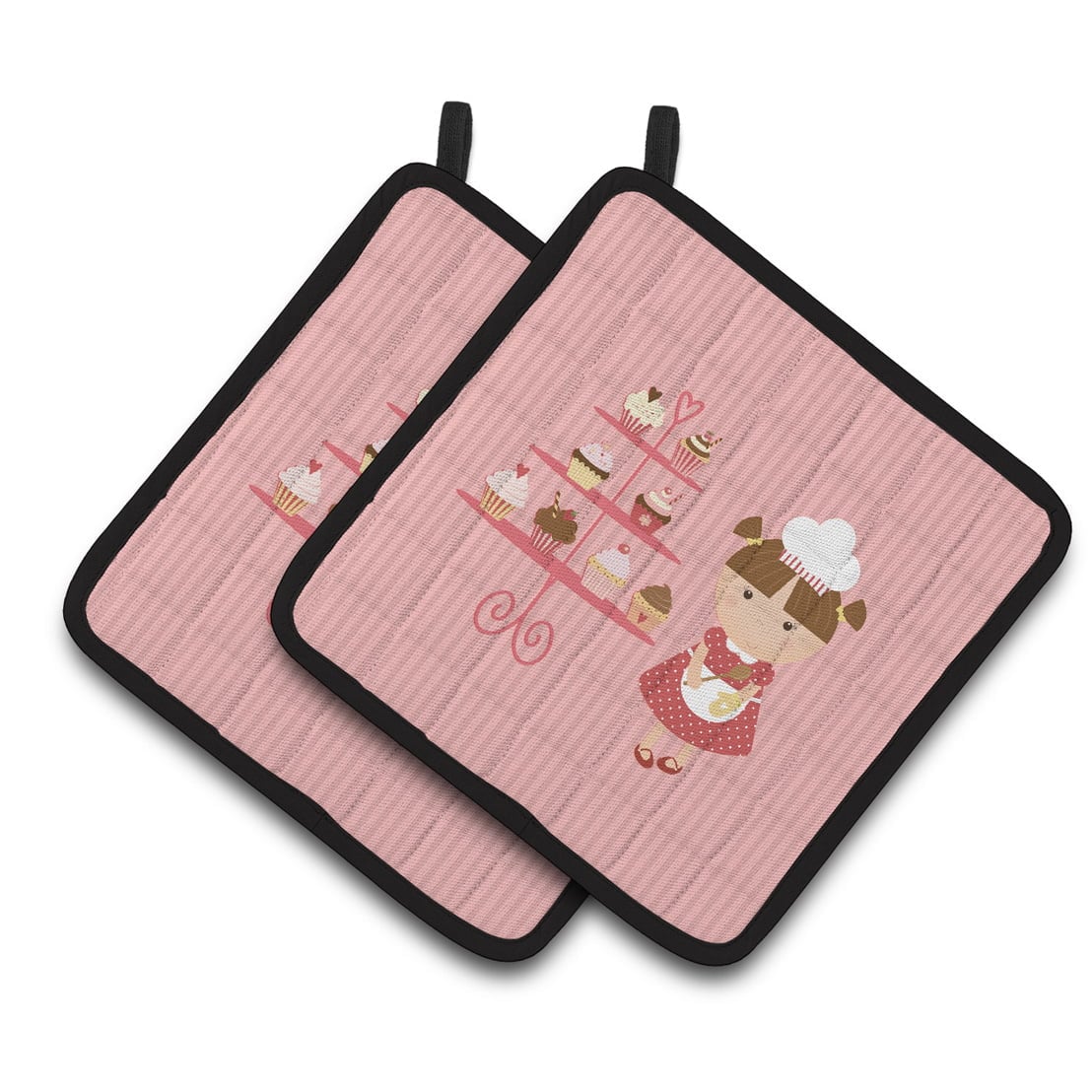 Cupcake Baker Brunette Pink Pair of Pot Holders