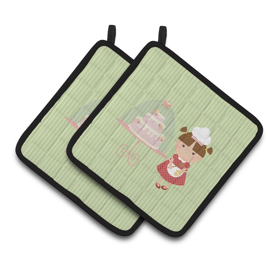 Cake Baker Brunette Green Pair of Pot Holders