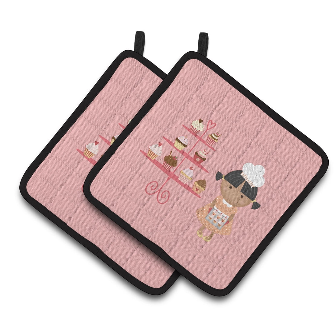 BB7257PTHD Cupcake Baker African American Pink Pair of Pot Holders