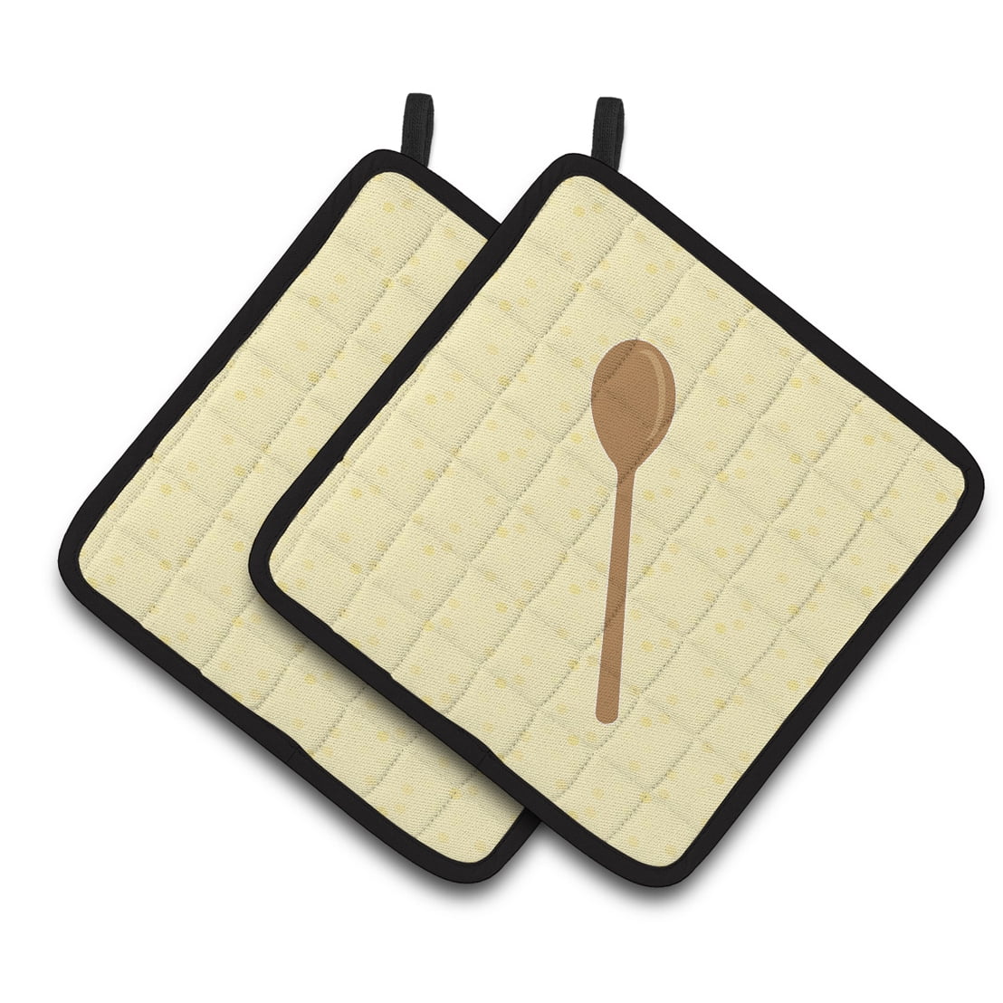 Wooden Spoon on Yellow Pair of Pot Holders