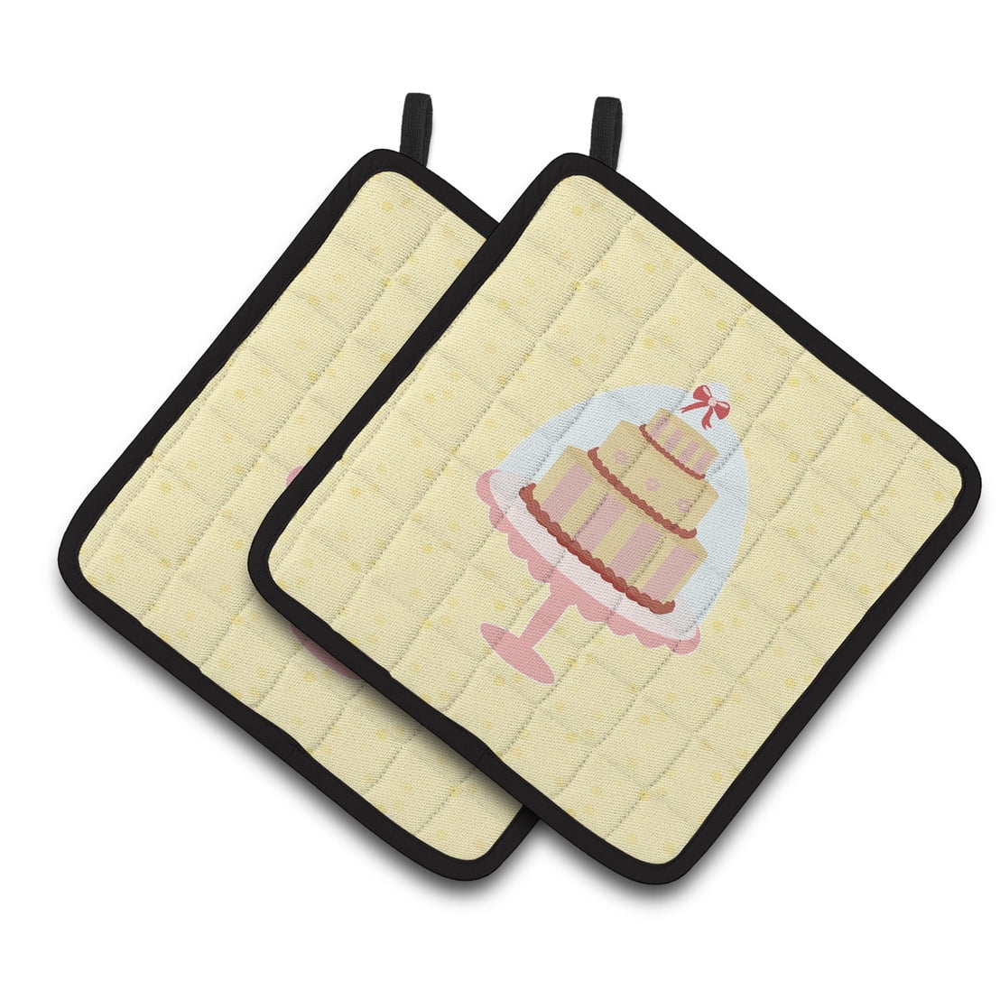 3 Tier Cake on Yellow Pair of Pot Holders