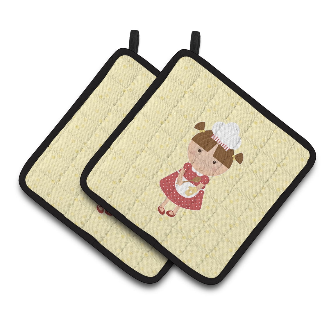 Brunette Baker on Yellow Pair of Pot Holders