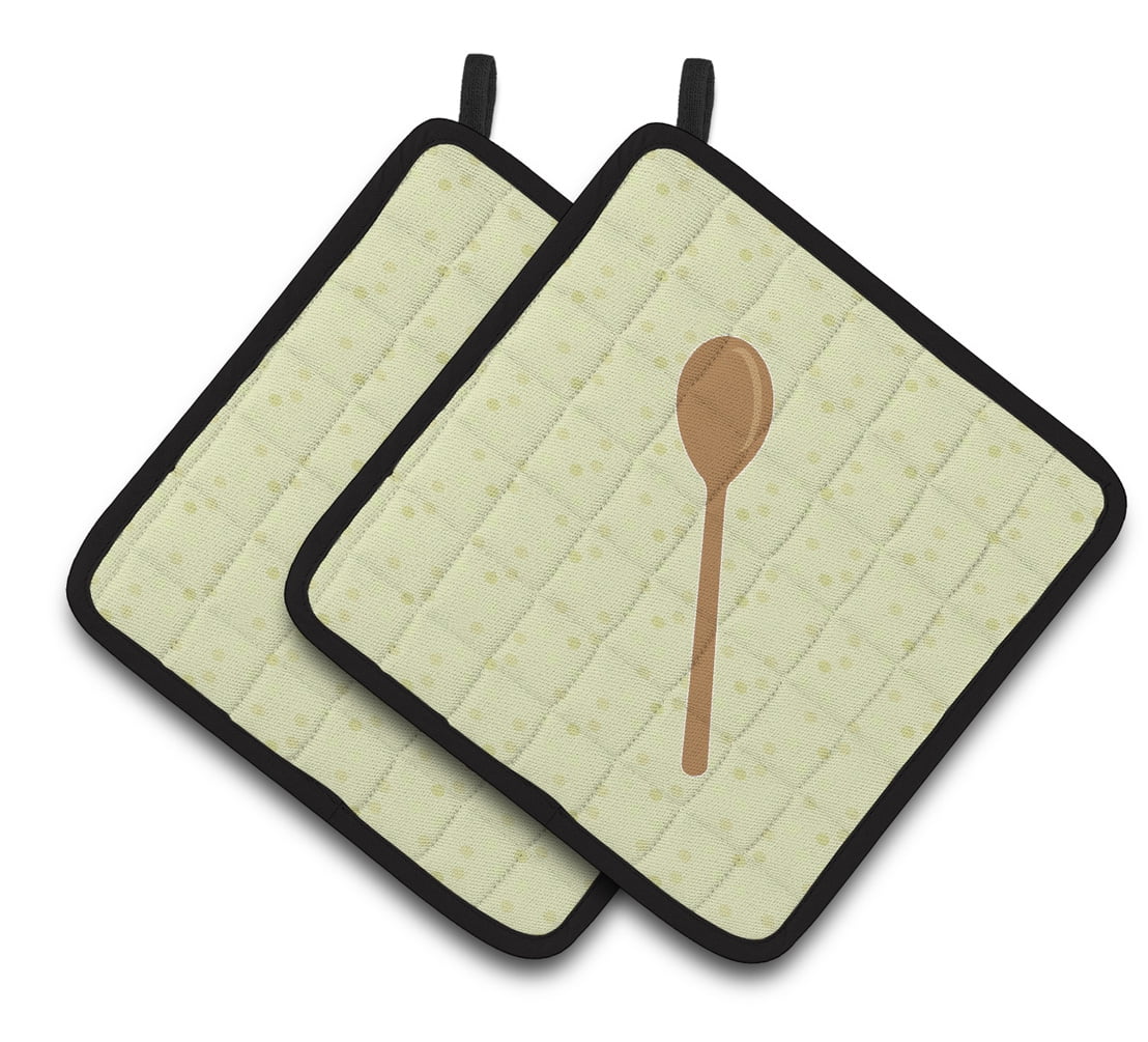 Wooden Spoon on Green Pair of Pot Holders
