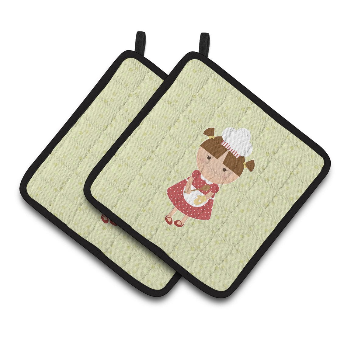 Brunette Baker on Green Pair of Pot Holders