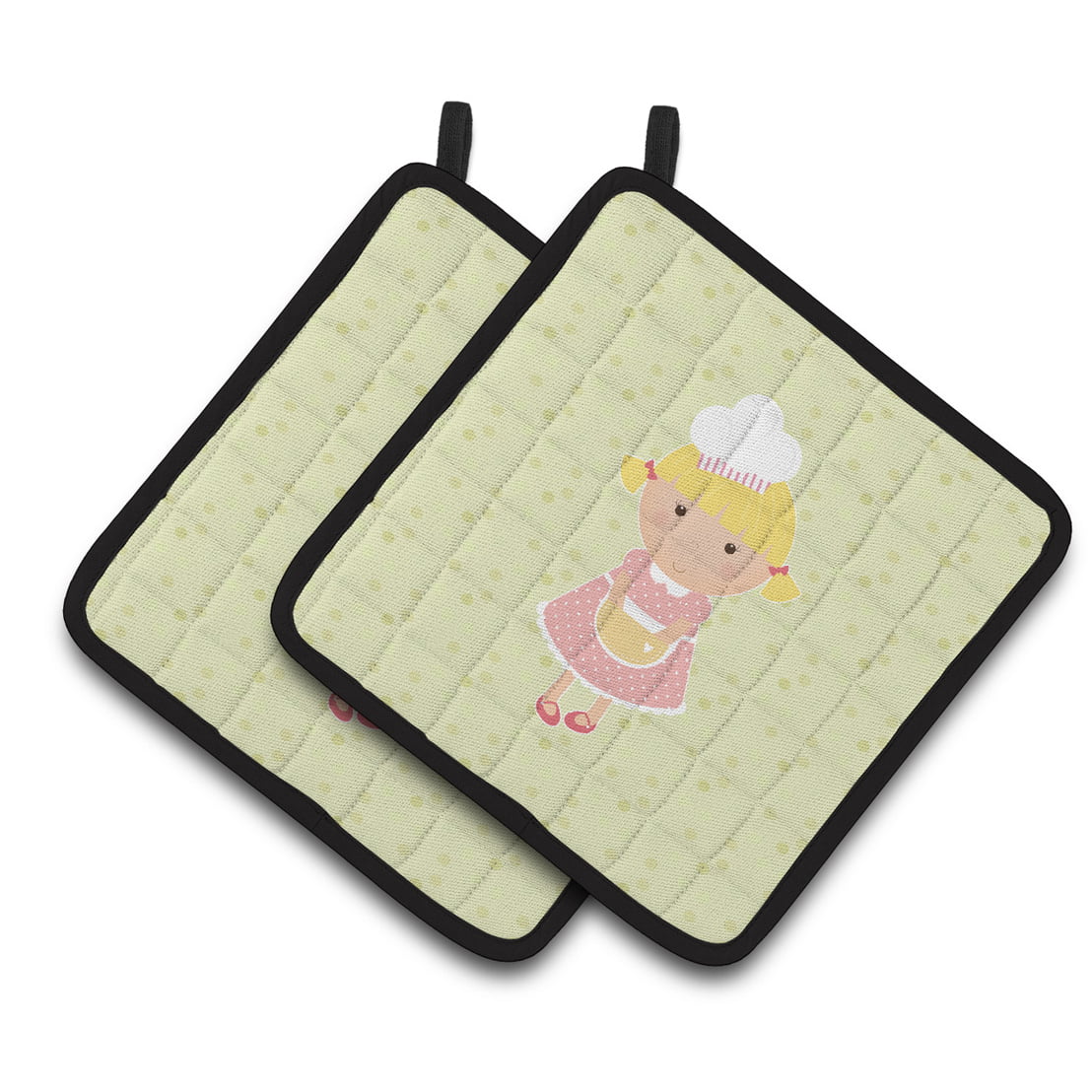 Blonde Baker on Green Pair of Pot Holders