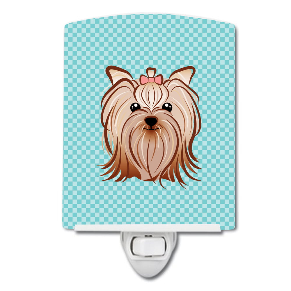 Checkerboard Blue Yorkie Yorkishire Terrier Ceramic Night Light