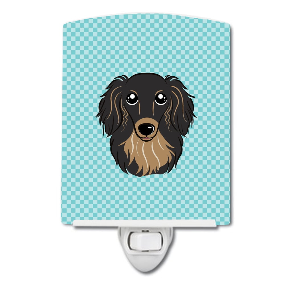 Checkerboard Blue Longhair Black & Tan Dachshund Ceramic Night Light