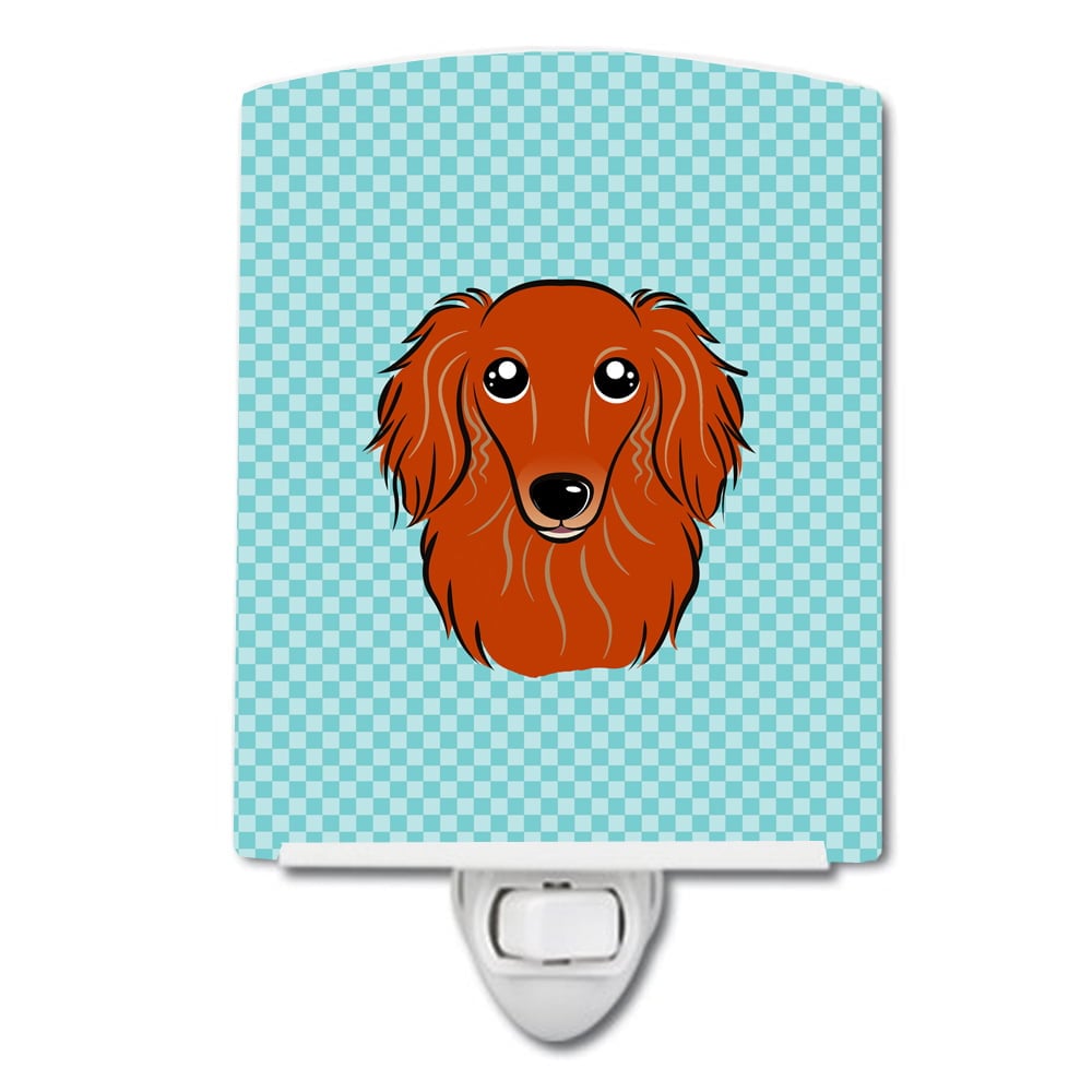 Checkerboard Blue Longhair Red Dachshund Ceramic Night Light