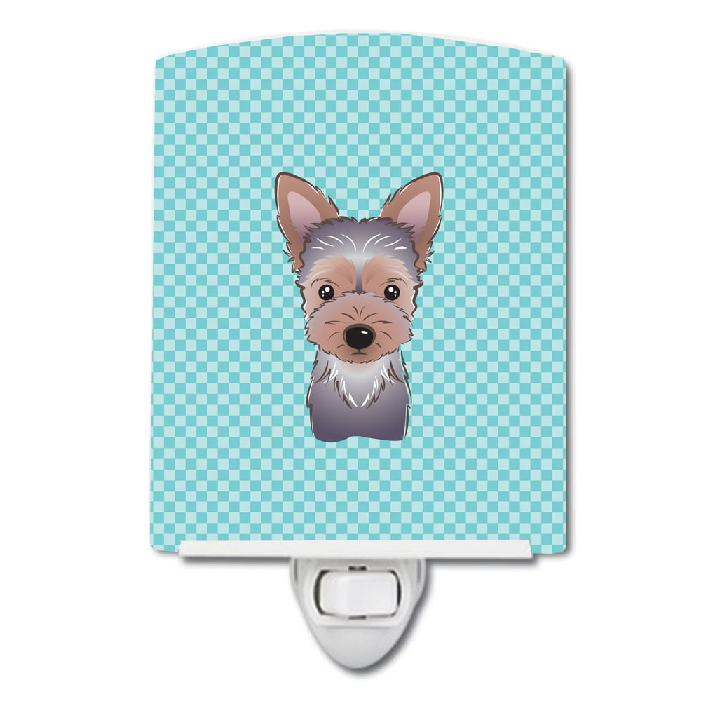 Checkerboard Blue Yorkie Puppy Ceramic Night Light