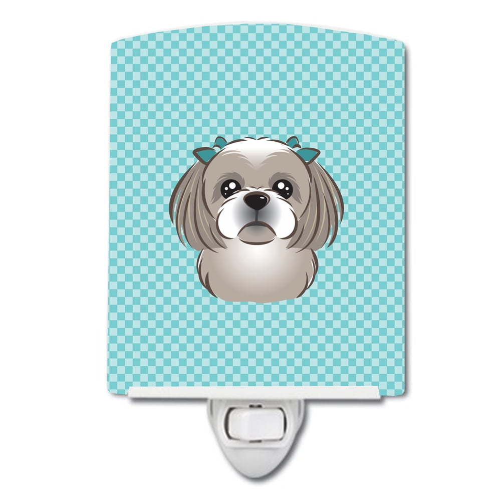 Checkerboard Blue Gray Silver Shih Tzu Ceramic Night Light