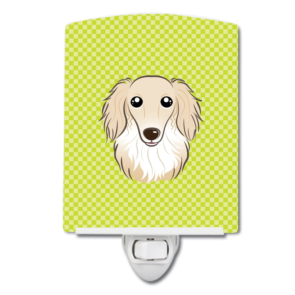Checkerboard Lime Green Longhair Creme Dachshund Ceramic Night Light