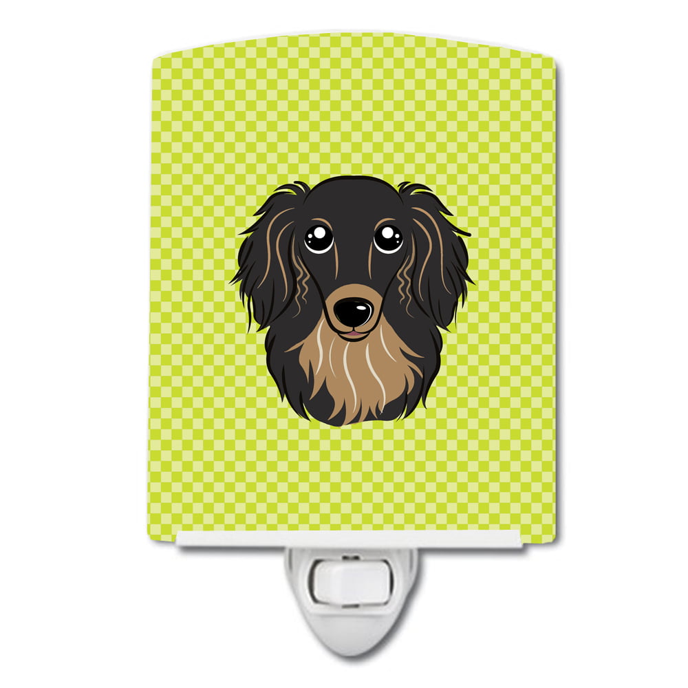 Checkerboard Lime Green Longhair Black & Tan Dachshund Ceramic Night Light
