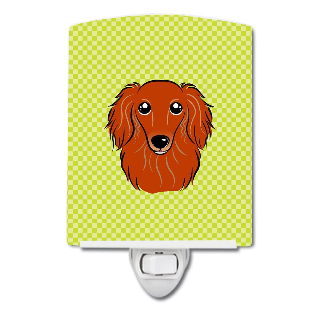 Checkerboard Lime Green Longhair Red Dachshund Ceramic Night Light