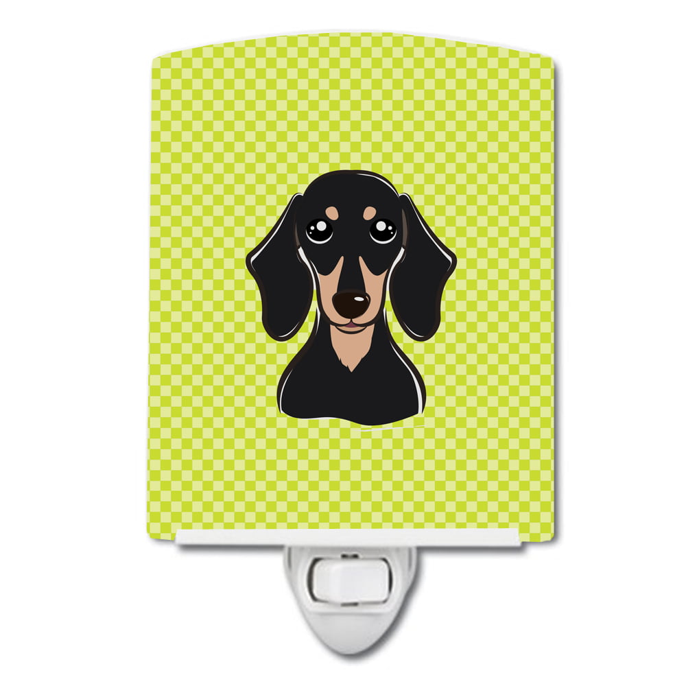 Checkerboard Lime Green Smooth Black & Tan Dachshund Ceramic Night Light