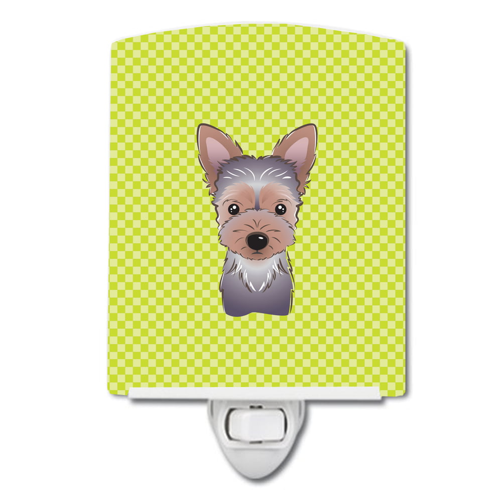 Checkerboard Lime Green Yorkie Puppy Ceramic Night Light