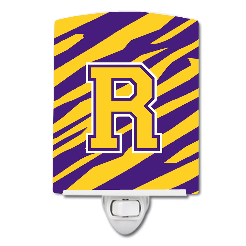 Letter R Monogram Tiger Stripe Purple Gold Ceramic Night Light