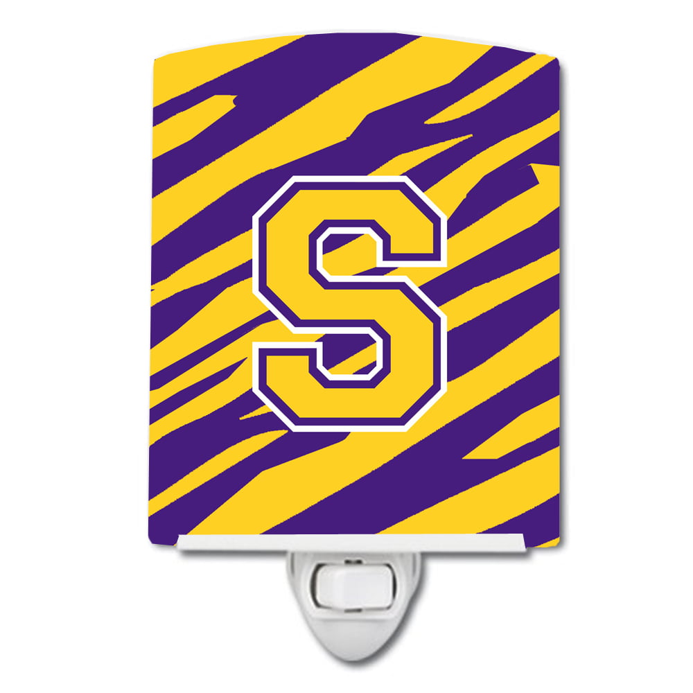 Letter S Monogram Tiger Stripe Purple Gold Ceramic Night Light