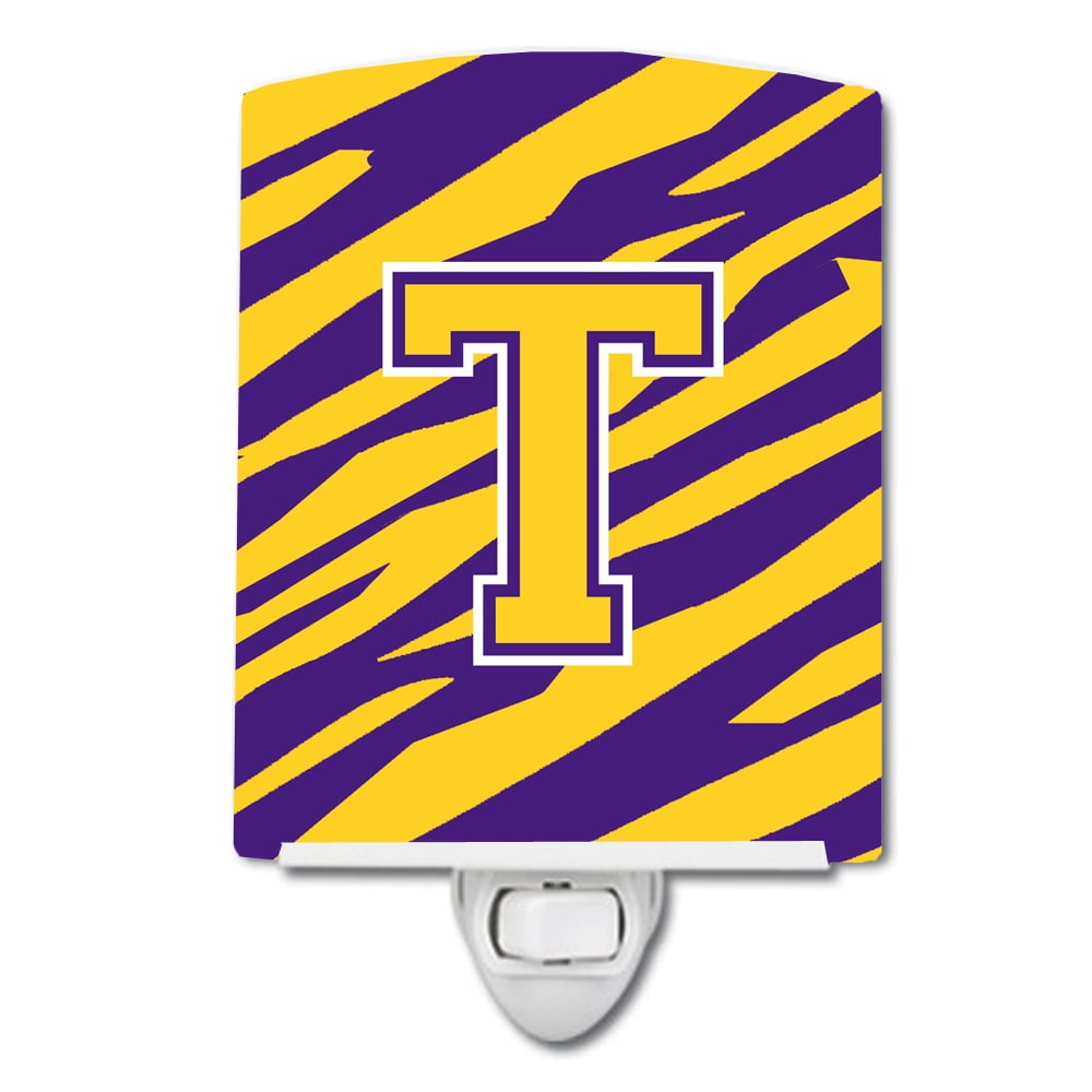 Letter T Monogram Tiger Stripe Purple Gold Ceramic Night Light