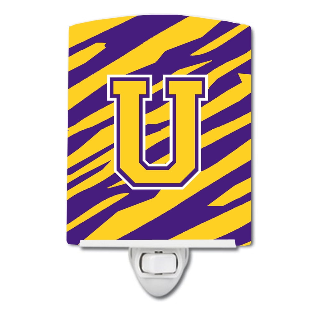 Letter U Monogram Tiger Stripe Purple Gold Ceramic Night Light
