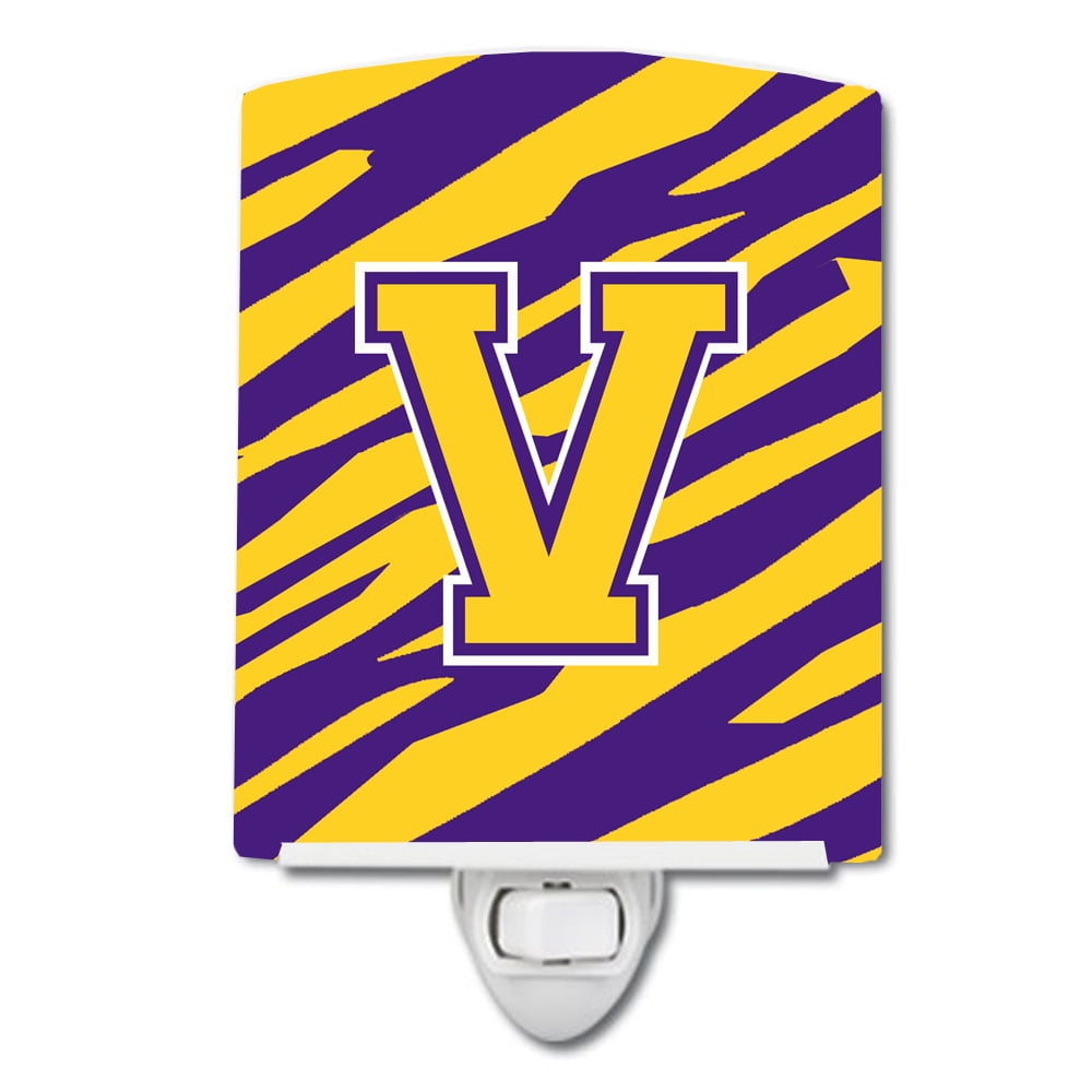 Letter V Monogram Tiger Stripe Purple Gold Ceramic Night Light