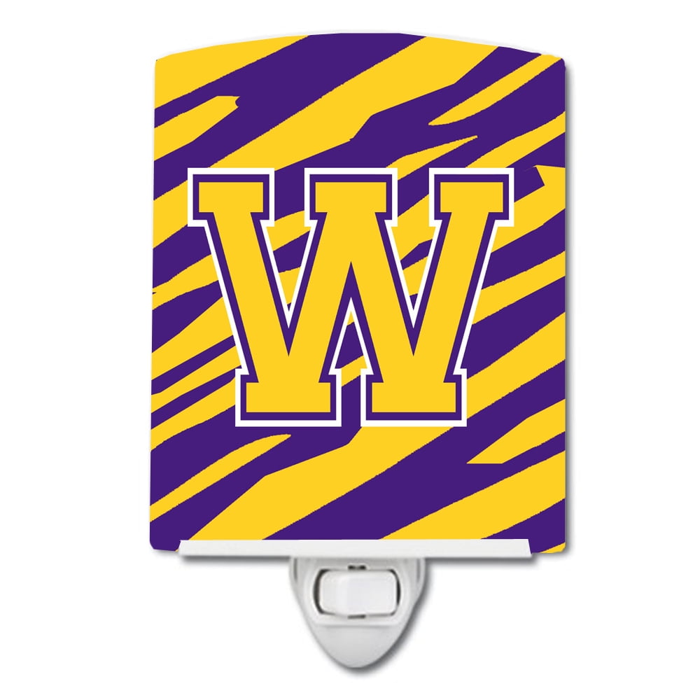 Letter W Monogram Tiger Stripe Purple Gold Ceramic Night Light