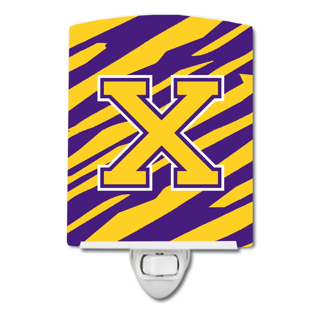 Letter X Monogram Tiger Stripe Purple Gold Ceramic Night Light