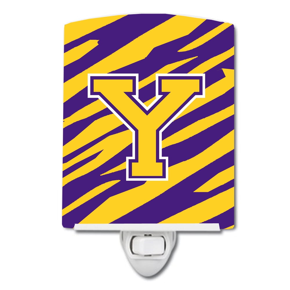Letter Y Monogram Tiger Stripe Purple Gold Ceramic Night Light