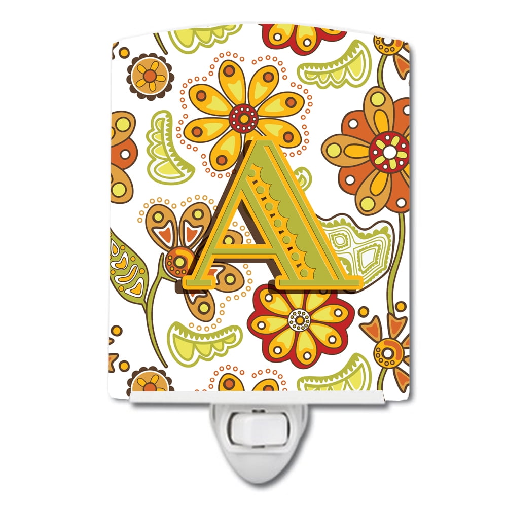 Letter A Floral Mustard & Green Ceramic Night Light
