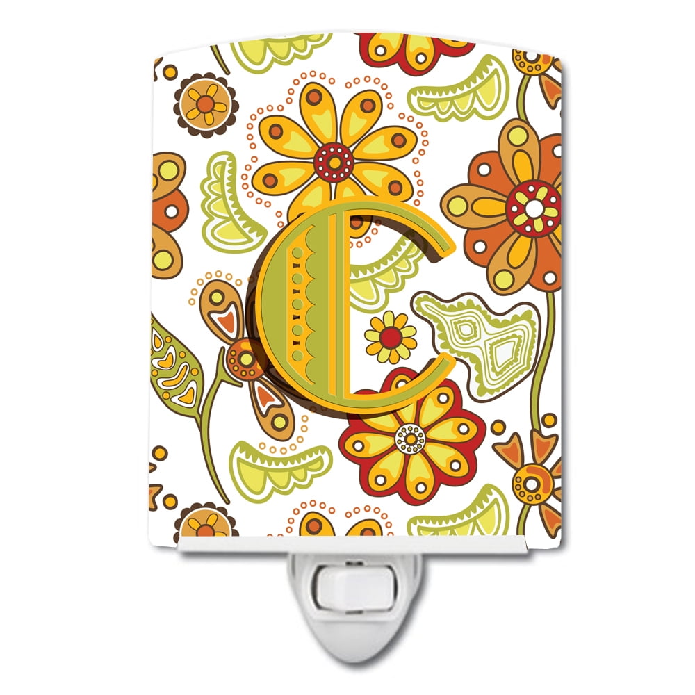 Letter C Floral Mustard & Green Ceramic Night Light