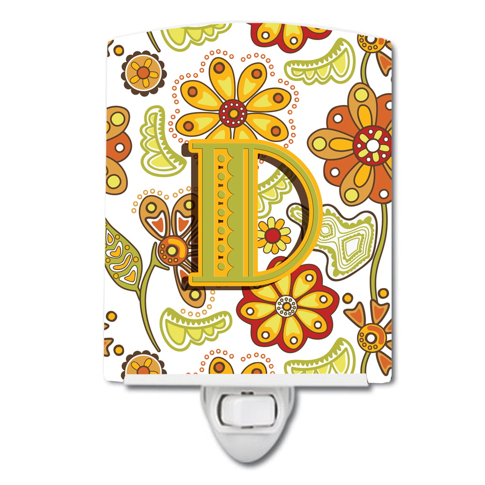 Letter D Floral Mustard & Green Ceramic Night Light