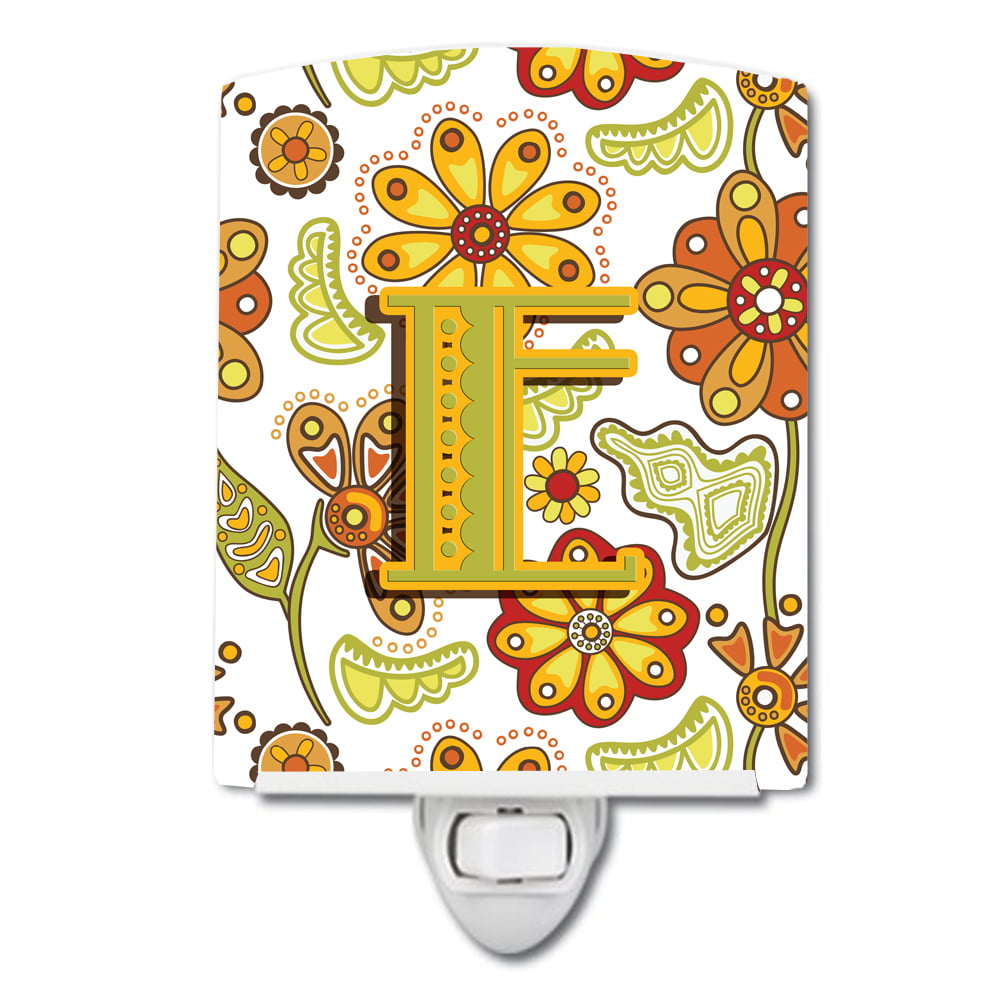 CJ2003-ECNL Letter E Floral Mustard & Green Ceramic Night Light