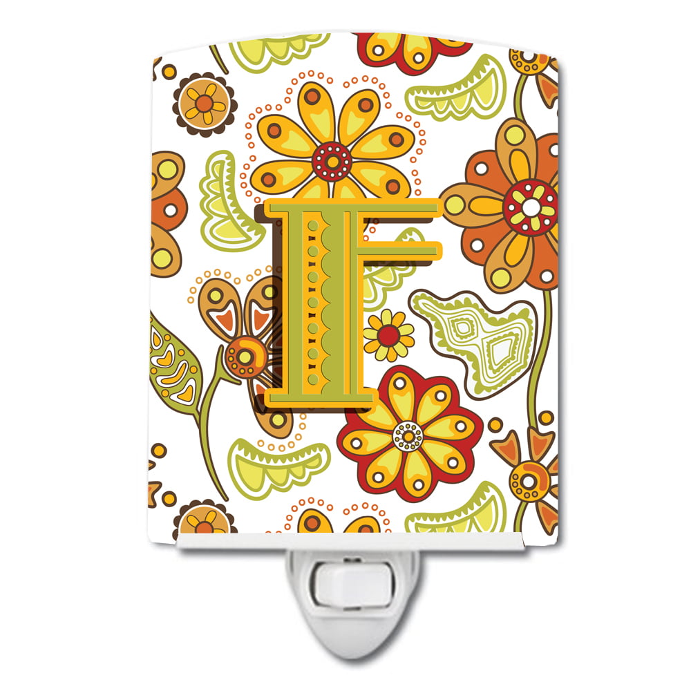 Letter F Floral Mustard & Green Ceramic Night Light