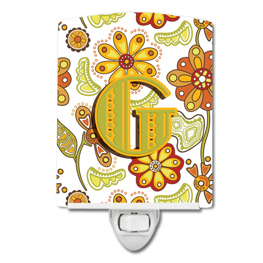 Letter G Floral Mustard & Green Ceramic Night Light